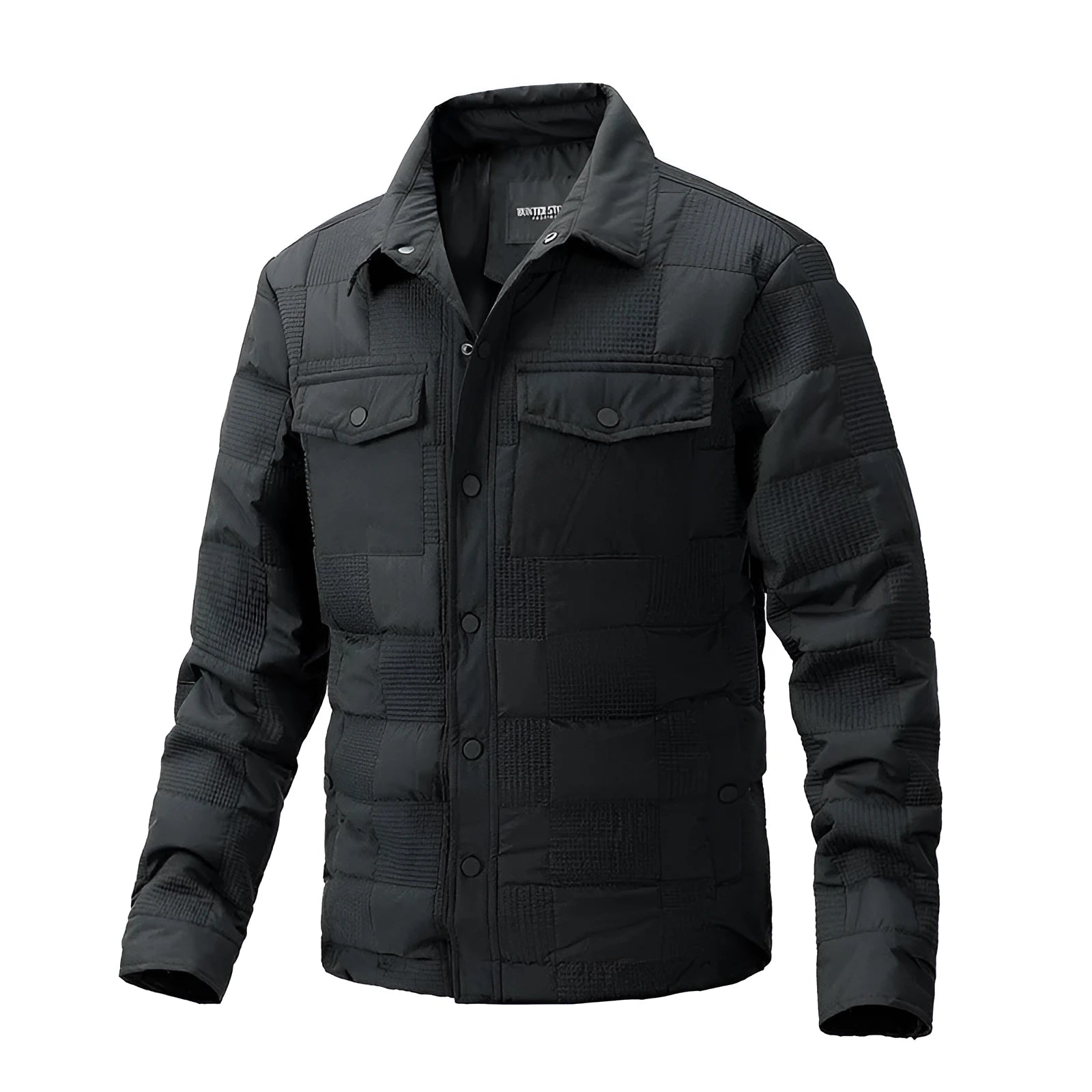 Men's black quilted polo collar jacket with wool lining on a hanger