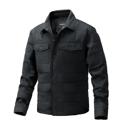 Men's black quilted polo collar jacket with wool lining on a hanger