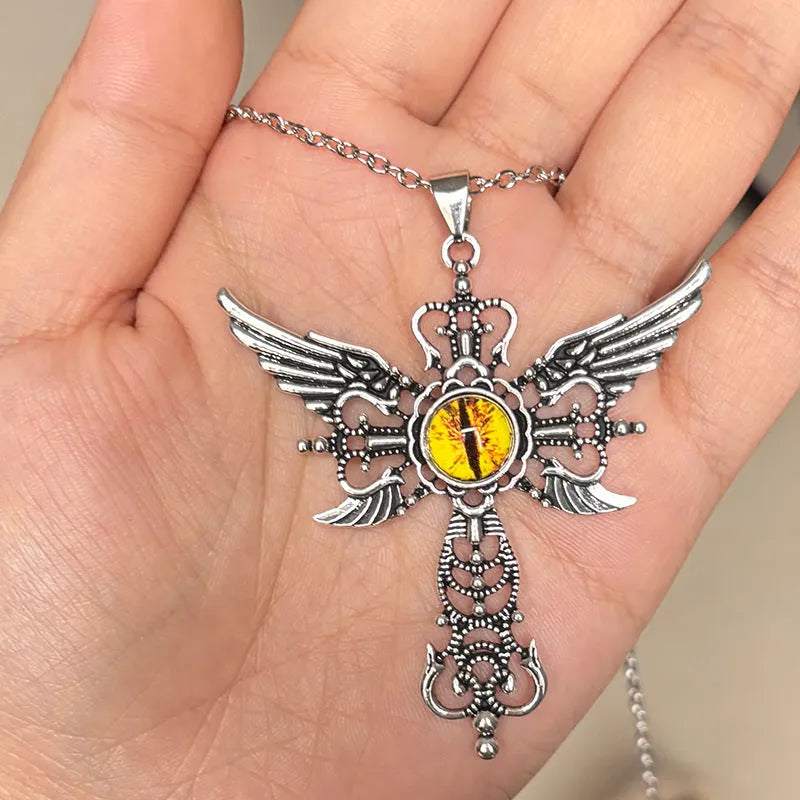 Geometric devil wings cross pendant necklace in alloy with blue, green, purple, red, and yellow colour options
