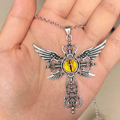 Geometric devil wings cross pendant necklace in alloy with blue, green, purple, red, and yellow colour options