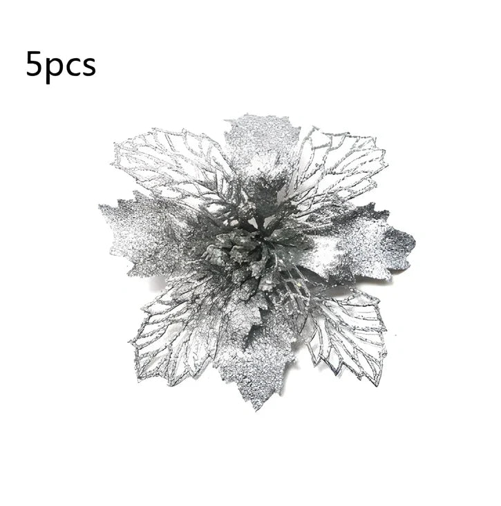 Glitter artificial Christmas flowers measuring 11cm with sparkling coating in various colour options