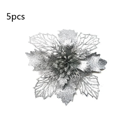 Glitter artificial Christmas flowers measuring 11cm with sparkling coating in various colour options