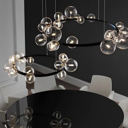 Glass ball chandelier with iron frame in spherical design, showing LED lighting and push-button switch