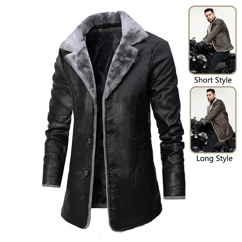 Premium leather jacket with plush lapel, fleece lining, and single-breasted closure for men's winter wear