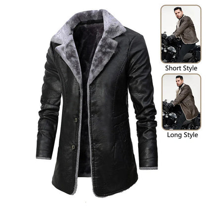 Premium leather jacket with plush lapel, fleece lining, and single-breasted closure for men's winter wear