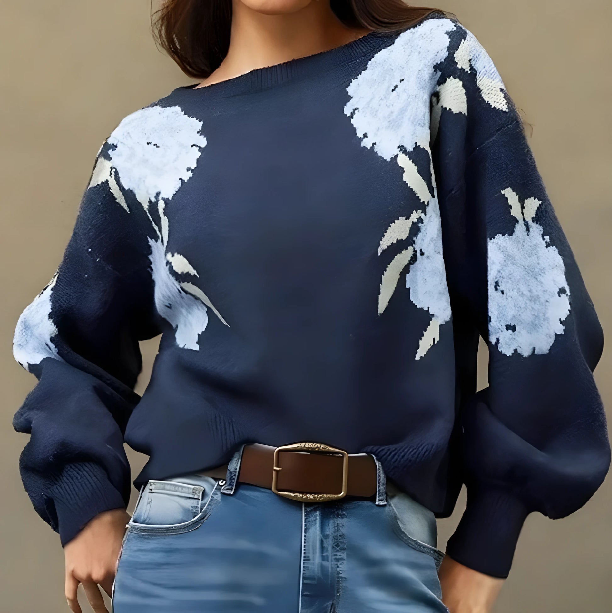 Women's sapphire blue off-neck pullover with flower jacquard pattern, loose fit with 50cm length