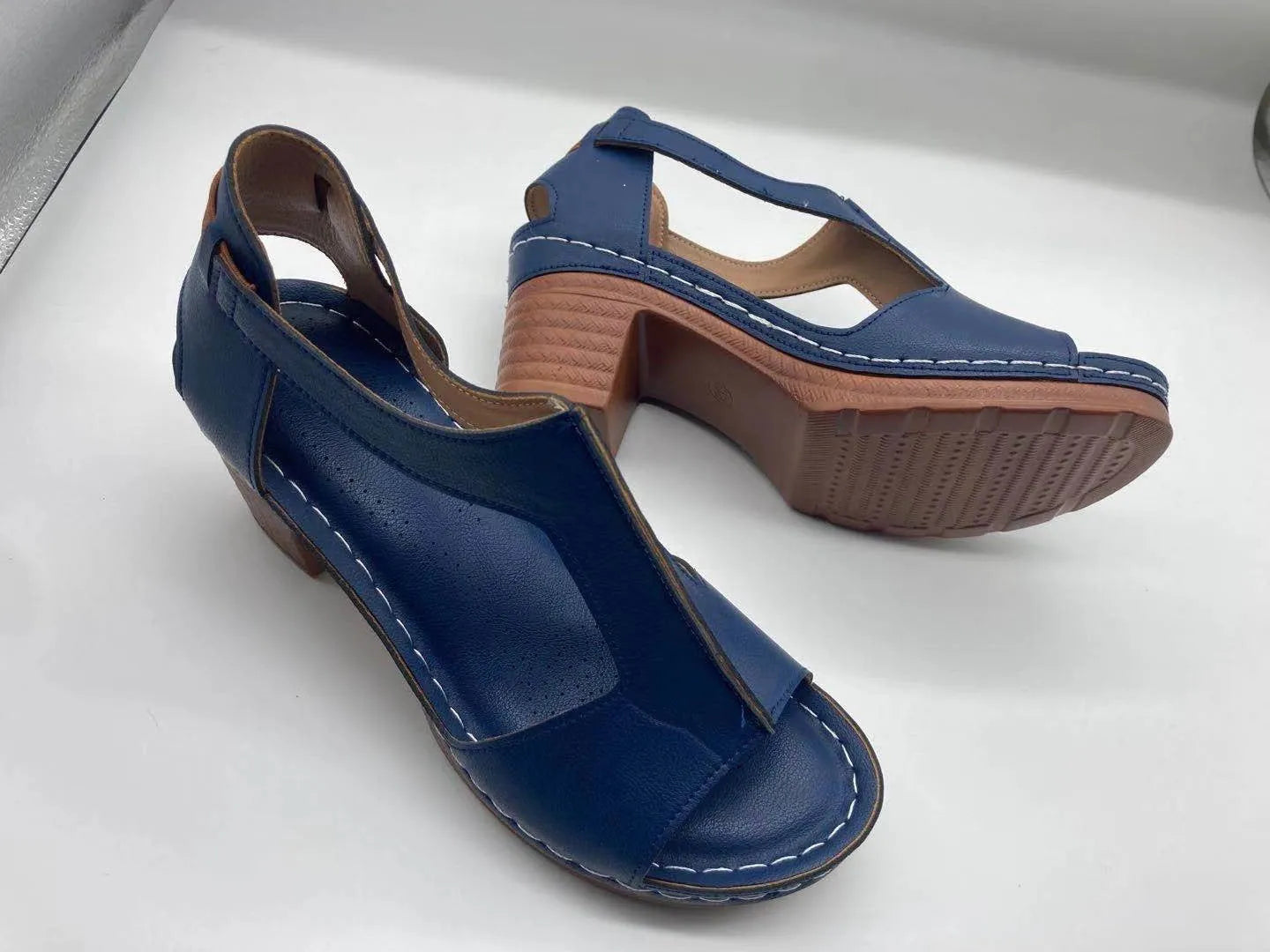 Plus size women's peep toe wedge sandals with adjustable buckle strap in light brown colour