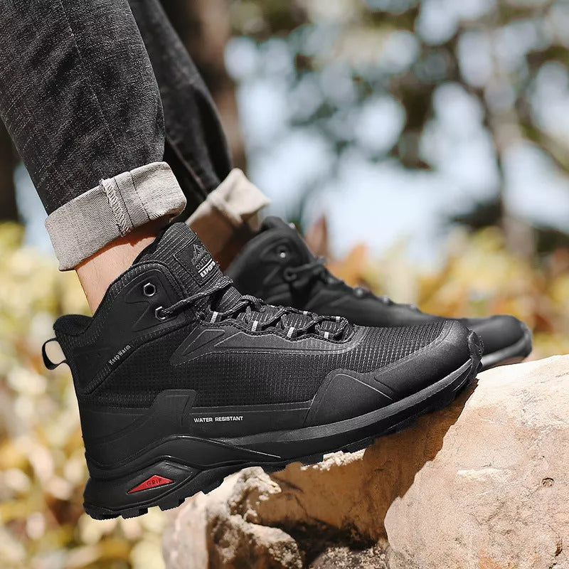 Men's high-top winter hiking shoes in red, black, and gray with nylon and leather upper