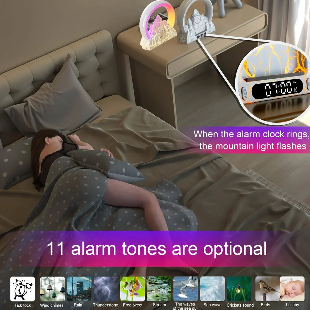 Colorful Flame Mountain wireless charging alarm clock showing 237mm width and charging surface