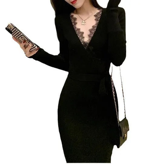 Black women's slim fit woolen skirt with princess dress cut, showing front and back views of the polyester garment