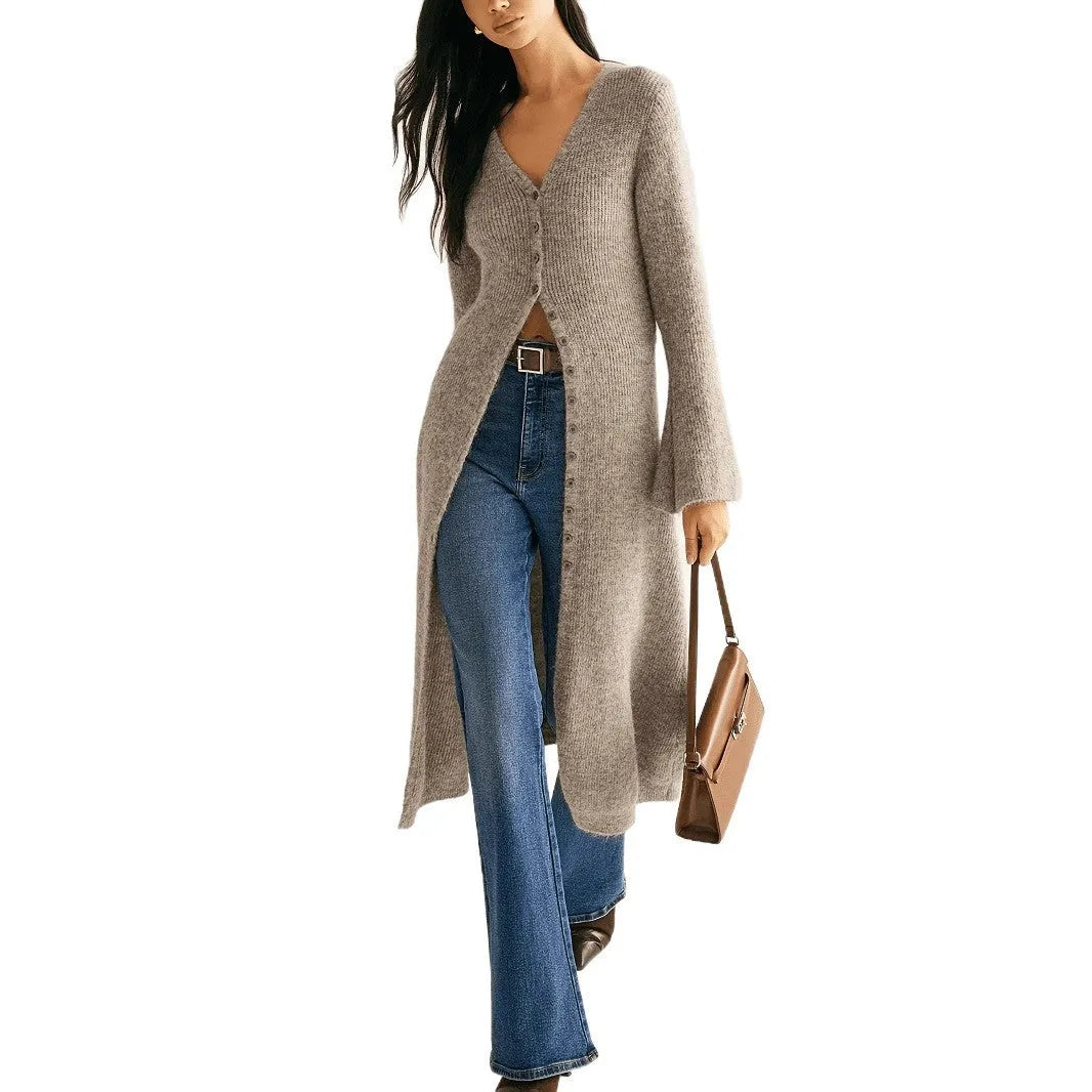 Khaki women's long sleeve cardigan coat with button front in a French retro style