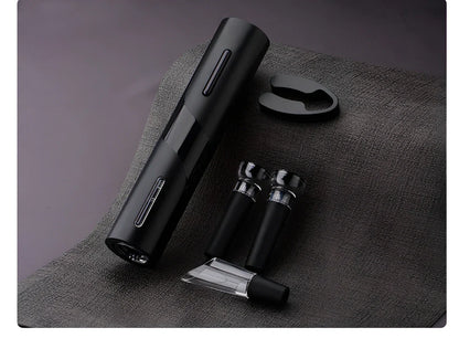 Black electric wine bottle opener set with decanter, foil cutter, and vacuum stoppers in storage base