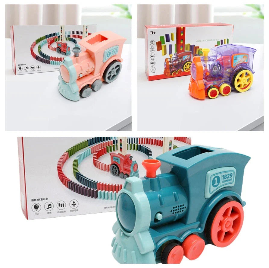 Automatic Domino-Building Train Toy with Mesmerizing Domino Display and Steering Mechanism