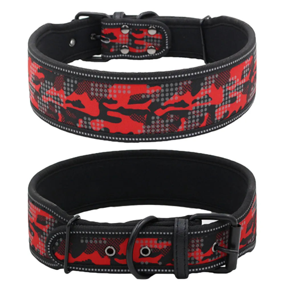Reflective camouflage nylon dog collar in blue, black, red, or grey, sizes S 46cm, M 56cm, L 66cm, with optional matching lead
