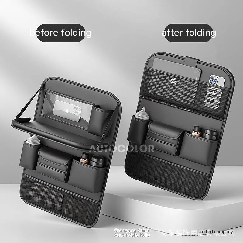 Leather car seat lazyback storage bag with foldable dining table, waterproof, 1.2kg, 48 x 25 x 6cm, in four colours.