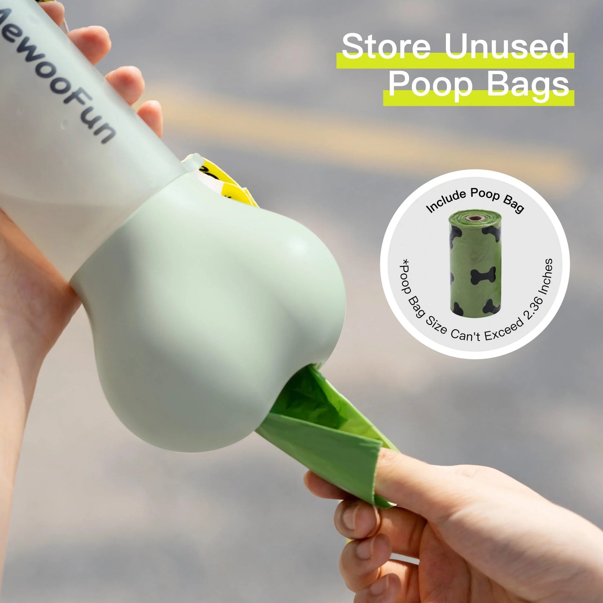Mewoofun 2-in-1 leak-proof pet water bottle with bone-shaped design and poop bag storage