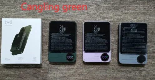 MagSafe magnetic wireless power bank in Cangling Green for iPhone 14, showing aluminium alloy case.