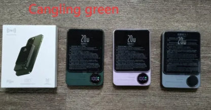 MagSafe magnetic wireless power bank in Cangling Green for iPhone 14, showing aluminium alloy case.