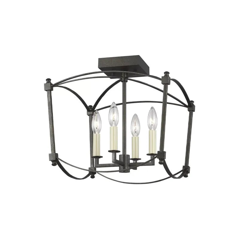 Four-head iron droplight ceiling lamp in gold or black for high stairwell lighting.