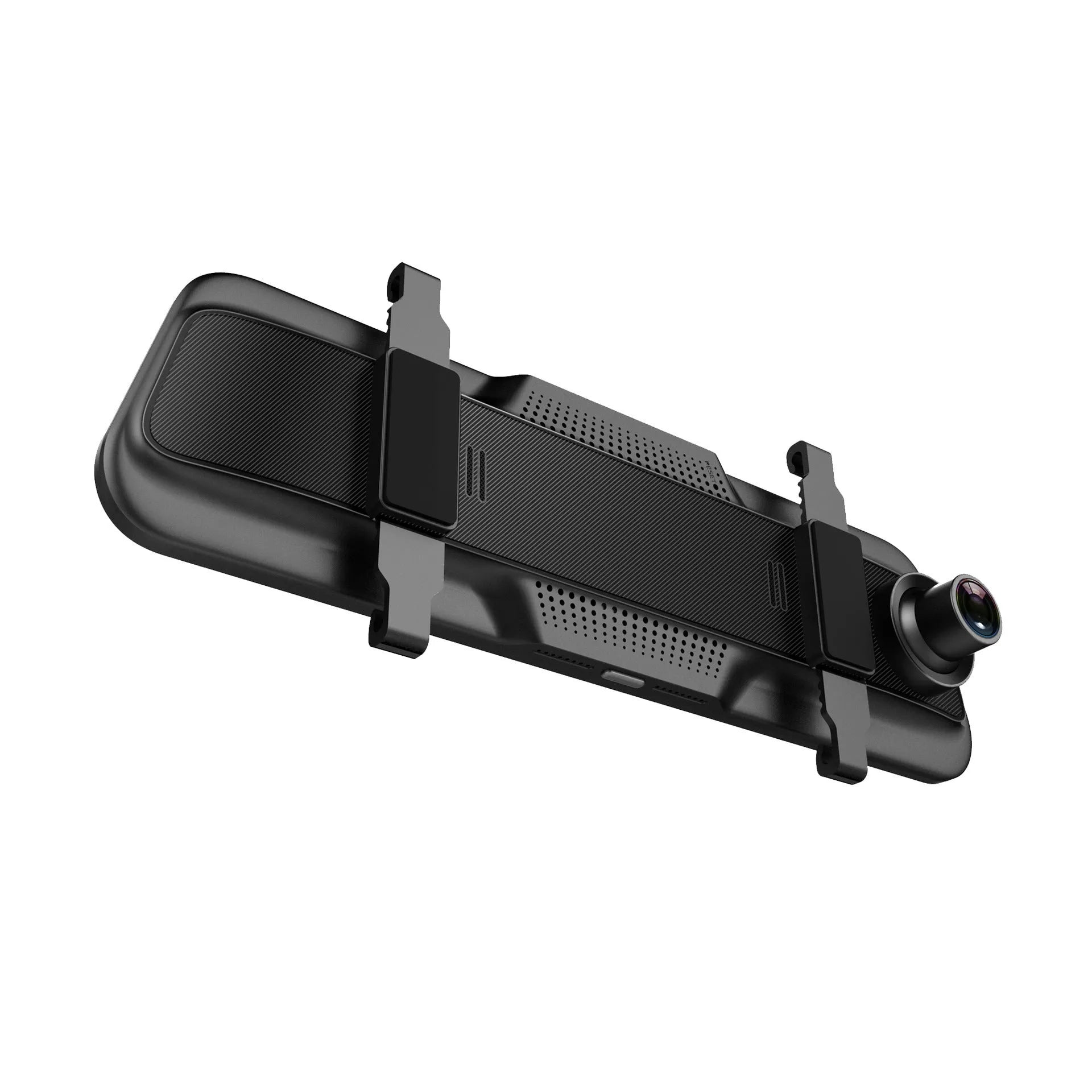 Black 10-inch touchscreen car driving recorder integrated into a rearview mirror design