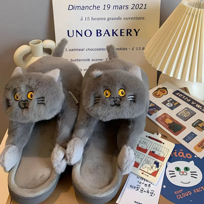 Cotton cat slippers with non-slip sole and animal pattern in blue, white, or beige