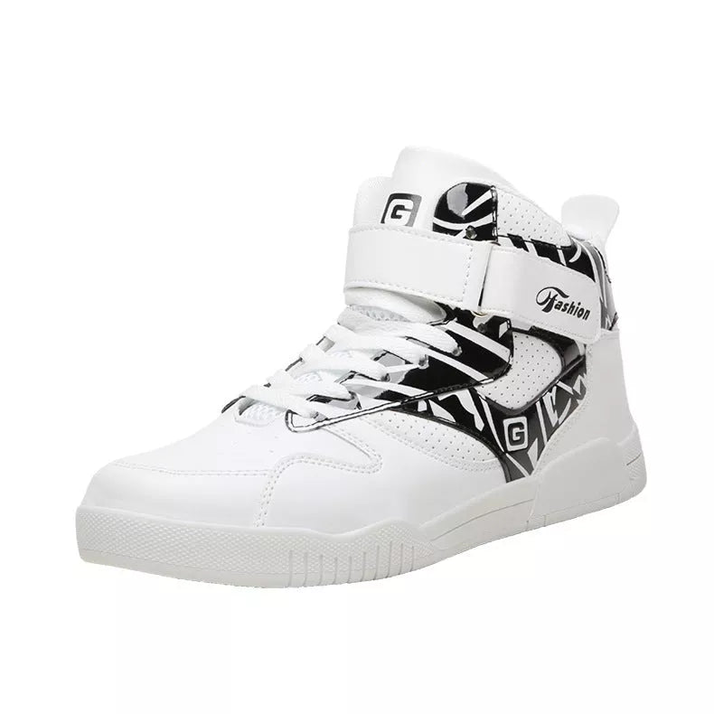 Men's high-top casual sneakers with Velcro closure in black and white colors