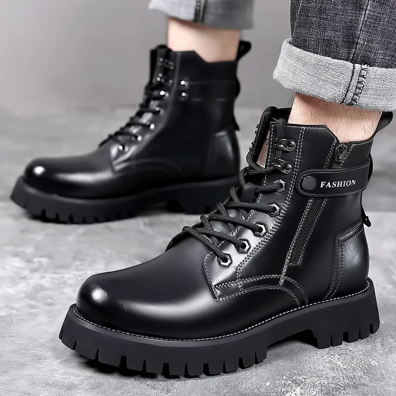 Men's light brown high-top Martin boots with side zipper and thick rubber sole on a wooden floor