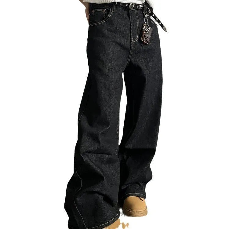 Black retro wide-leg jeans with straight leg cut and mid-waist design