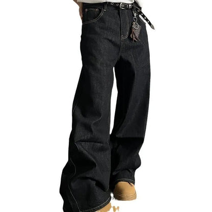 Black retro wide-leg jeans with straight leg cut and mid-waist design
