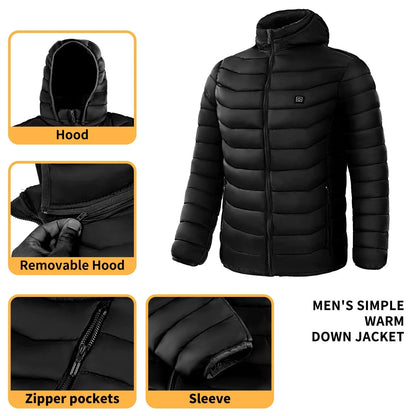 A warm, insulated puffer jacket with strategically placed heating elements to keep skiers cozy on the slopes.