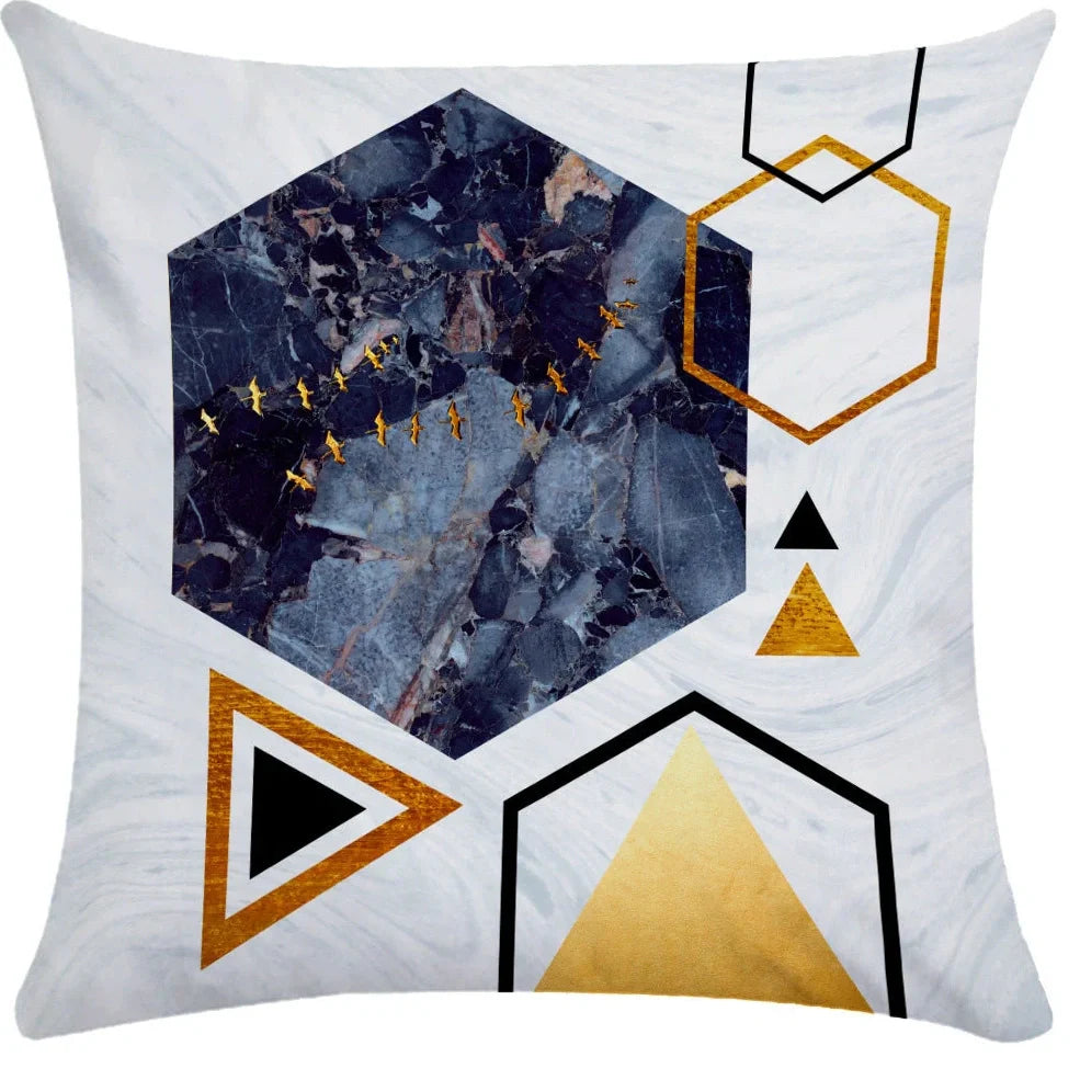 Geometric pattern throw pillow on office sofa showing 45x45cm size with plush fabric texture