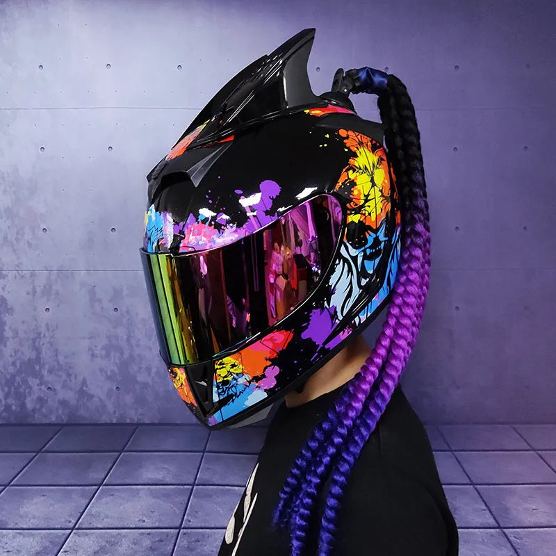 Dirty Braids motorcycle helmet with graphic design, ABS full-face construction for electric vehicles and motorcycles