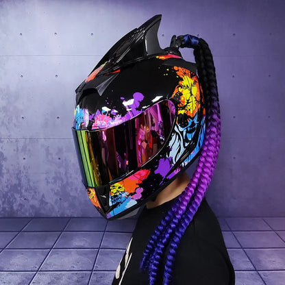 Dirty Braids motorcycle helmet with graphic design, ABS full-face construction for electric vehicles and motorcycles