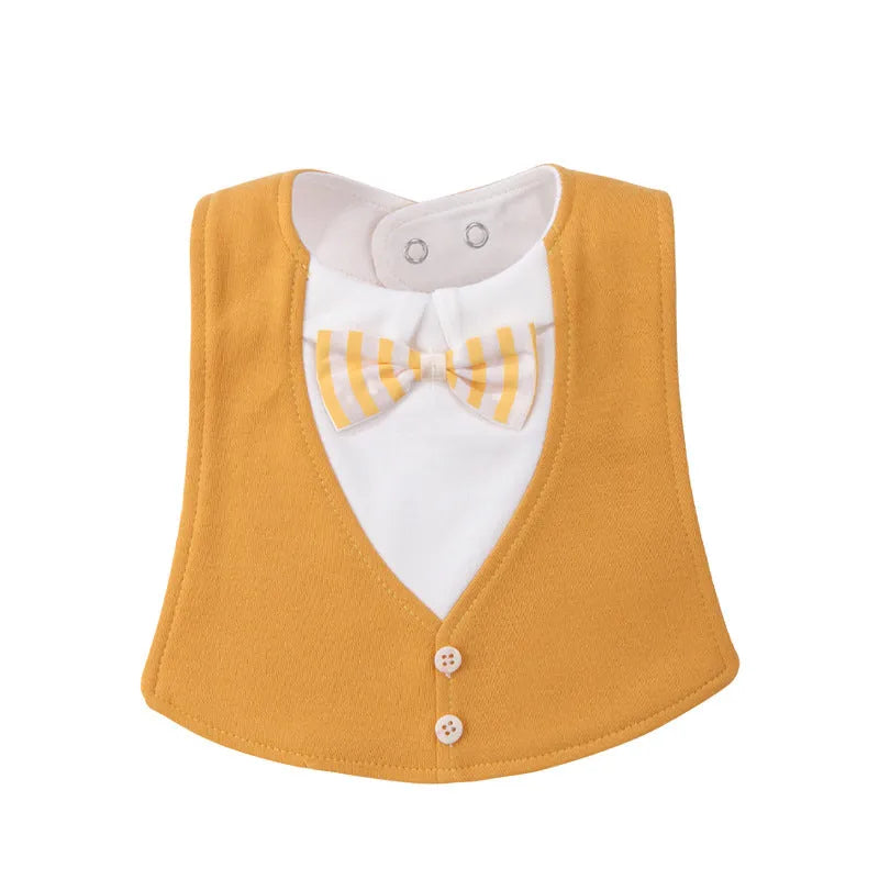 Adjustable baby bow tie bib in four-layer waterproof design, free size, shown in a choice of colour prints