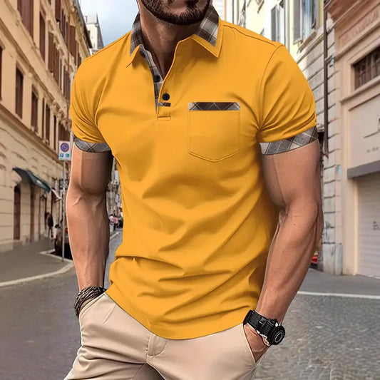 Men's short sleeve plaid colourblock t-shirt with zipper decoration in various colours and sizes