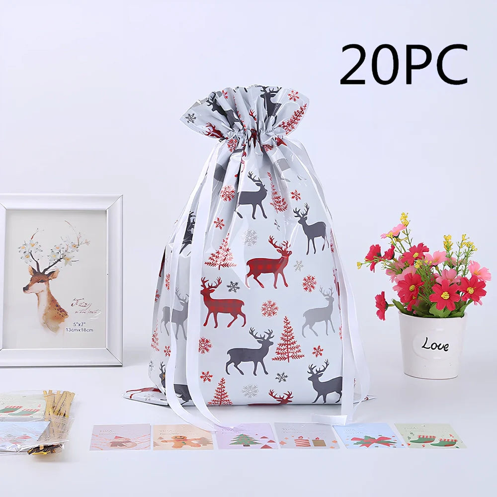 Christmas gift bag with drawstring closure in laser gold finish, 32x24cm dimensions