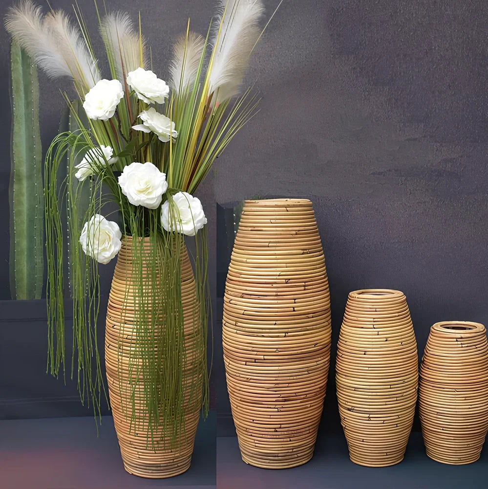 Indonesian rattan vase in natural colour with mosaic surface, available in 30cm to 80cm heights for pastoral decor