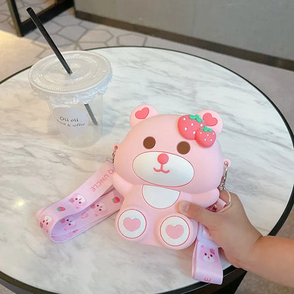 Cute strawberry bear shoulder bag for kids, perfect for daily outings and adventures.