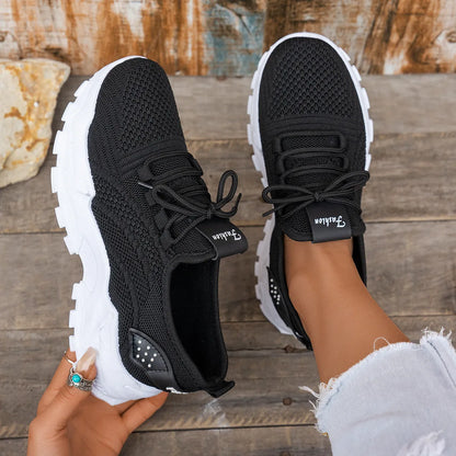 Women's Flyknit mesh casual sports shoes in multiple colours showing flat heel and lace-up design