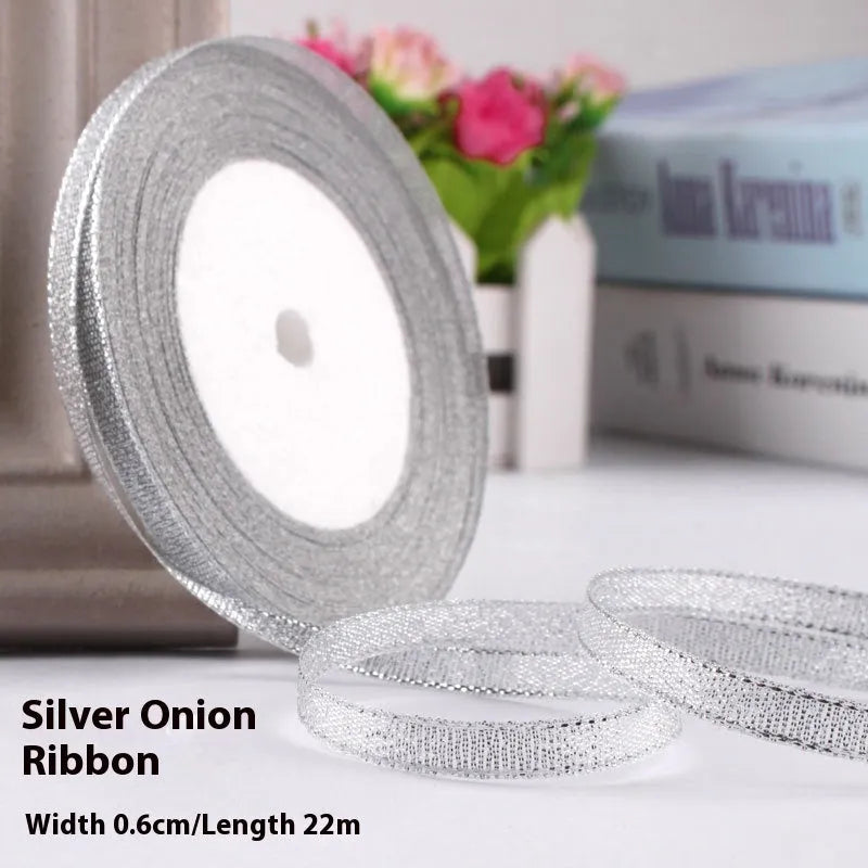 Polyester gift packaging bow ribbon showing 0.6cm width and colour options including gold leaf and metallic variations