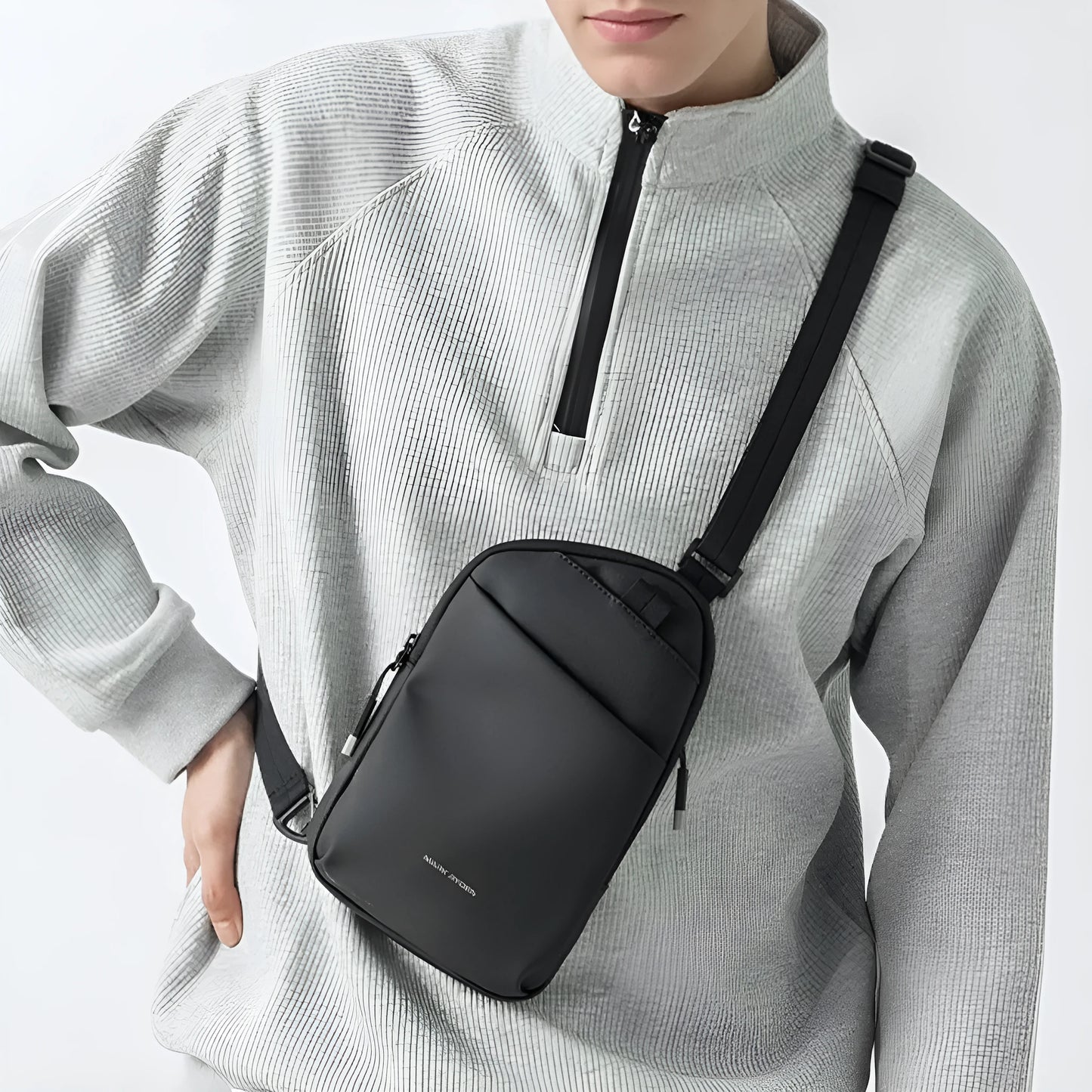 Men's elegant black Oxford cloth crossbody bag with sewing thread detailing