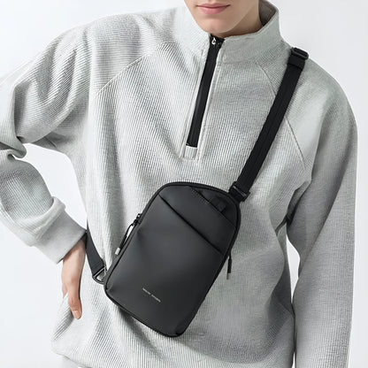 Men's elegant black Oxford cloth crossbody bag with sewing thread detailing