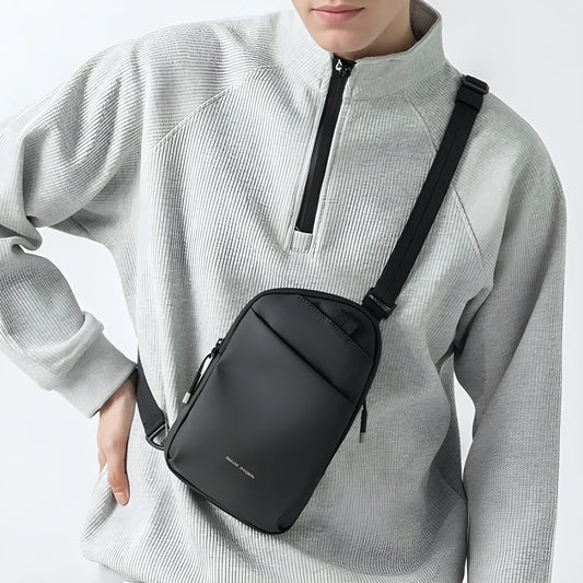 Men's elegant black Oxford cloth crossbody bag with sewing thread detailing