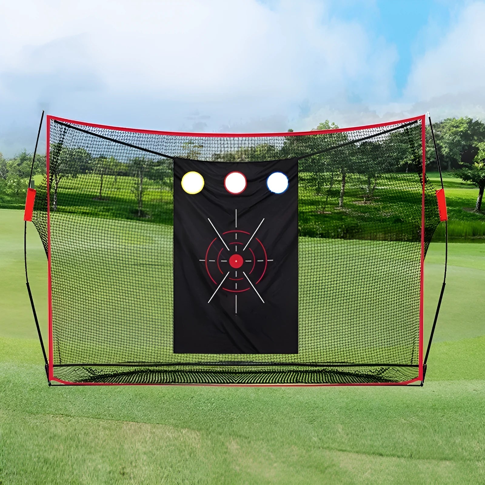 Swing Wedge Training Net system with three-hole cross net, straw practice mat, and coloured golf balls set up in a garden.