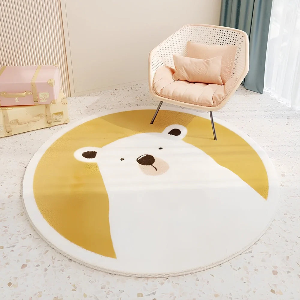 Circular children's polyester rug with animal character design, measuring 120cm diameter with soft pile surface