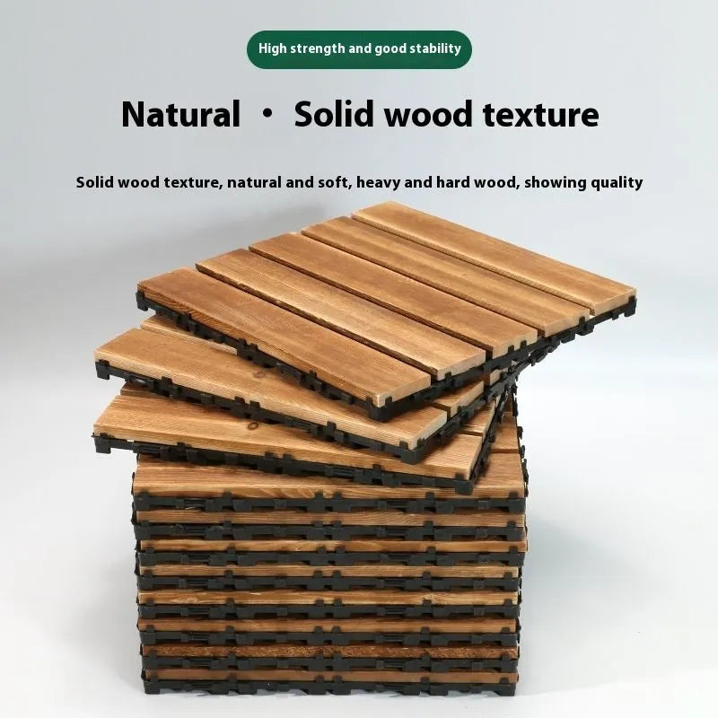 Camphor pine flooring tiles with brush wax oil finish, 30cm by 30cm dimensions, for indoor and outdoor use