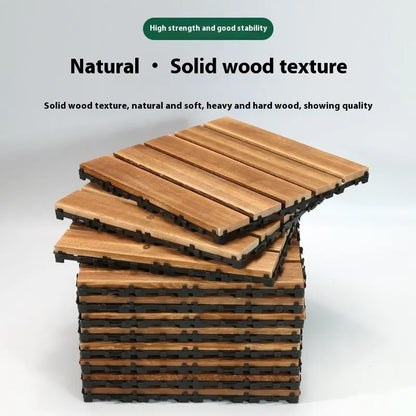 Camphor pine flooring tiles with brush wax oil finish, 30cm by 30cm dimensions, for indoor and outdoor use