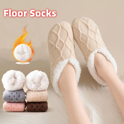 Unisex thick thermal plush slipper socks with non-slip grip in various colors