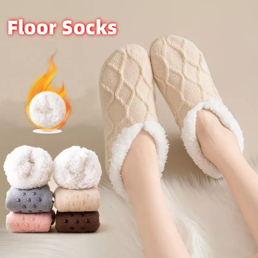 Unisex thick thermal plush slipper socks with non-slip grip in various colors