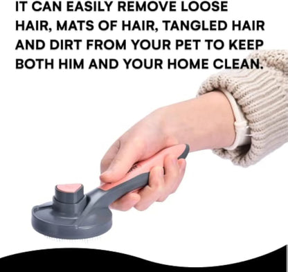 Grey self-cleaning slicker brush for pet grooming with one-click button and massage bristles